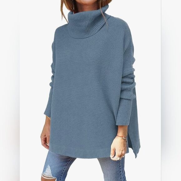 🔹️Lillusory Blue Gray Ribbed Turtleneck Drop Sleeve Sweater Medium - Picture 1 of 12